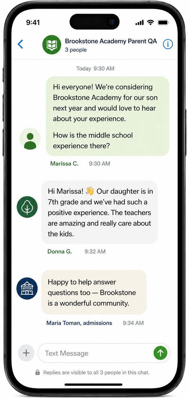 A sample ParentQA managed SMS conversation involving a prospective parent, a current parent, and an admissions contact