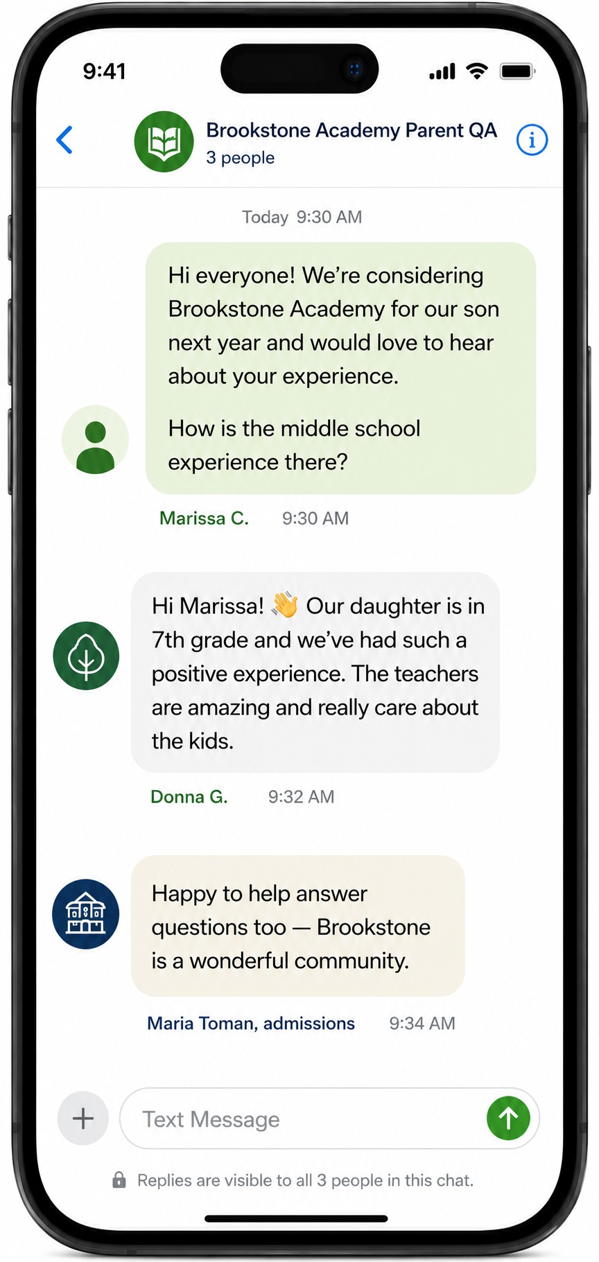 A sample ParentQA group text conversation between a prospective parent, a current parent, and an admissions contact